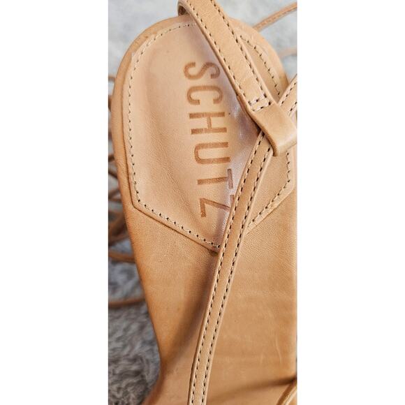 New Schutz Vikki Tan Leather Lace Up High Heel Square Toe Sandals Womens Size 8B - Picture 3 of 9